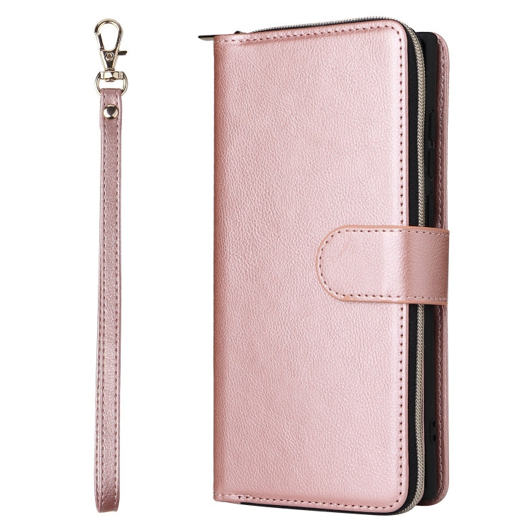 For Samsung Galaxy S25 Ultra 5G 9-Card Slots Zipper Wallet Bag Leather Phone Case(Rose Gold)