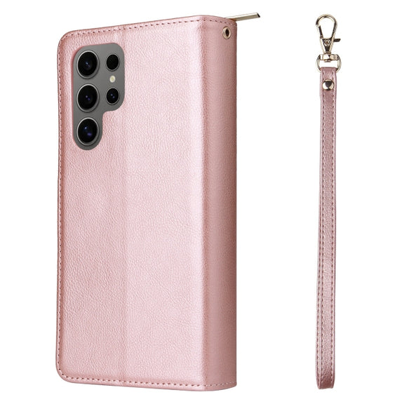 For Samsung Galaxy S25 Ultra 5G 9-Card Slots Zipper Wallet Bag Leather Phone Case(Rose Gold)