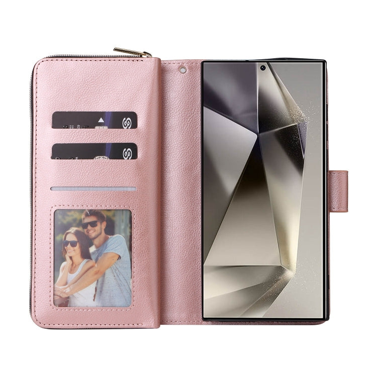 For Samsung Galaxy S25 Ultra 5G 9-Card Slots Zipper Wallet Bag Leather Phone Case(Rose Gold) - Galaxy S25 Ultra 5G Cases by PMC TechLife | Online Shopping South Africa | PMC TechLife | Buy Now Pay Later Mobicred