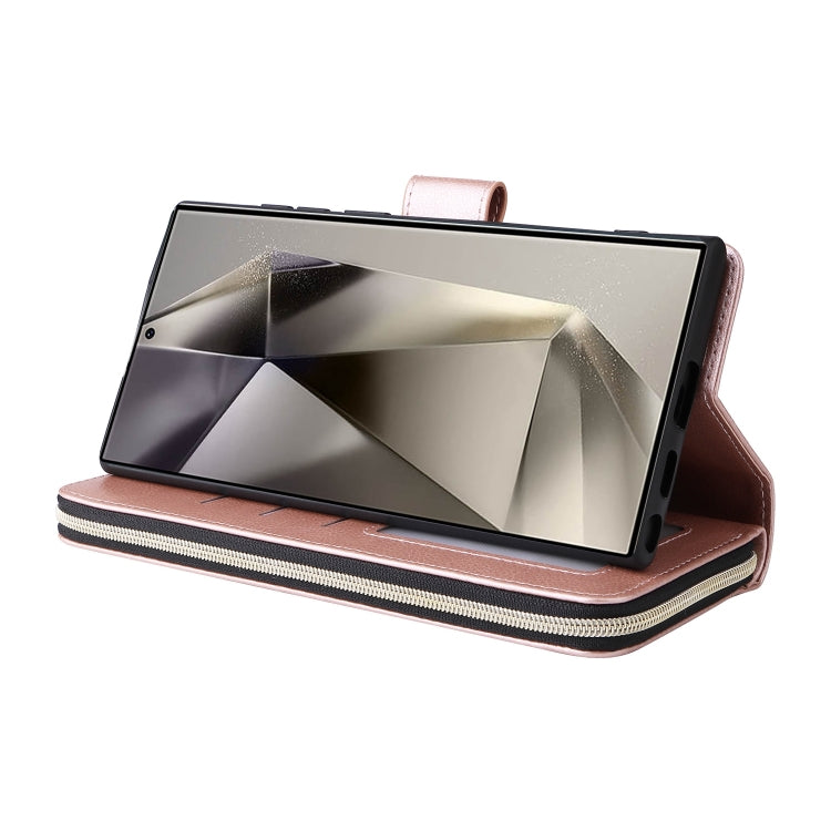 For Samsung Galaxy S25 Ultra 5G 9-Card Slots Zipper Wallet Bag Leather Phone Case(Rose Gold)