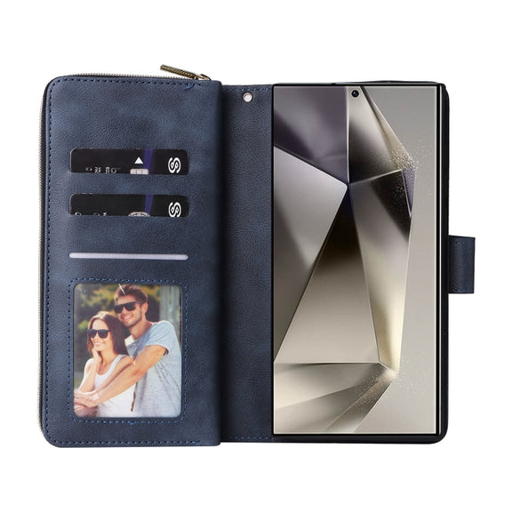 For Samsung Galaxy S25 Ultra 5G 9-Card Slots Zipper Wallet Bag Leather Phone Case(Blue)