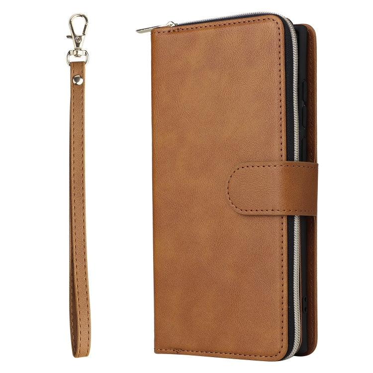 For Samsung Galaxy S25 Ultra 5G 9-Card Slots Zipper Wallet Bag Leather Phone Case(Brown)