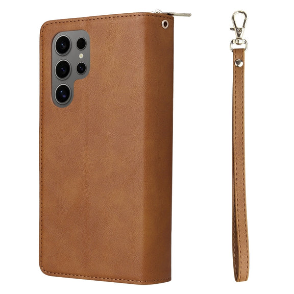 For Samsung Galaxy S25 Ultra 5G 9-Card Slots Zipper Wallet Bag Leather Phone Case(Brown)