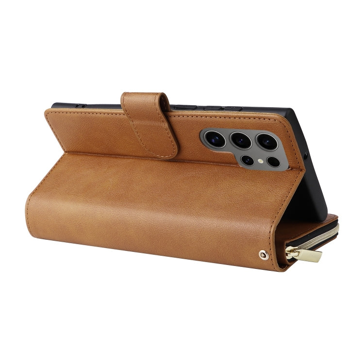For Samsung Galaxy S25 Ultra 5G 9-Card Slots Zipper Wallet Bag Leather Phone Case(Brown)