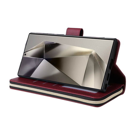 For Samsung Galaxy S25 Ultra 5G 9-Card Slots Zipper Wallet Bag Leather Phone Case(Wine Red)