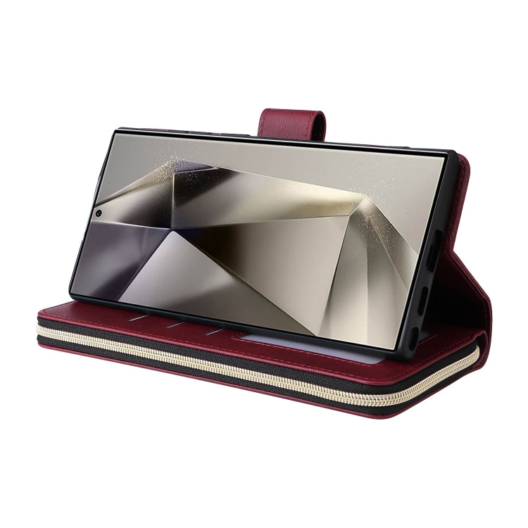 For Samsung Galaxy S25 Ultra 5G 9-Card Slots Zipper Wallet Bag Leather Phone Case(Wine Red)