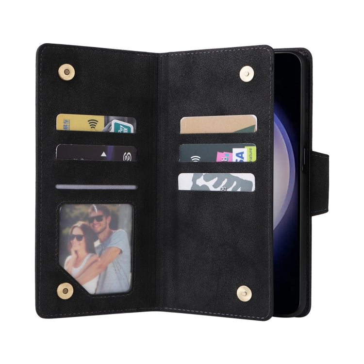 For Samsung Galaxy S25 5G Rivet Buckle 9 Cards Three Fold Leather Phone Case(Black) - Galaxy S25 5G Cases by PMC Jewellery | Online Shopping South Africa | PMC Jewellery | Buy Now Pay Later Mobicred