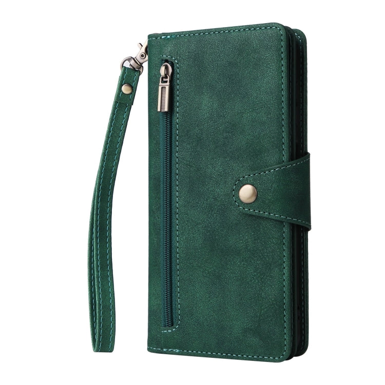 For Samsung Galaxy S25+ 5G Rivet Buckle 9 Cards Three Fold Leather Phone Case(Green) - Galaxy S25+ 5G Cases by PMC Jewellery | Online Shopping South Africa | PMC Jewellery | Buy Now Pay Later Mobicred