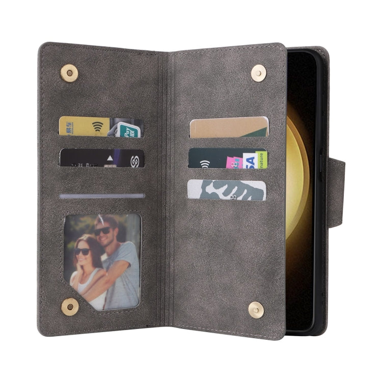 For Samsung Galaxy S25+ 5G Rivet Buckle 9 Cards Three Fold Leather Phone Case(Grey) - Galaxy S25+ 5G Cases by PMC Jewellery | Online Shopping South Africa | PMC Jewellery | Buy Now Pay Later Mobicred