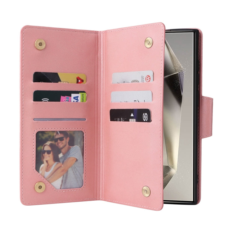 For Samsung Galaxy S25 Ultra 5G Rivet Buckle 9 Cards Three Fold Leather Phone Case(Rose Gold) - Galaxy S25 Ultra 5G Cases by PMC Jewellery | Online Shopping South Africa | PMC Jewellery | Buy Now Pay Later Mobicred