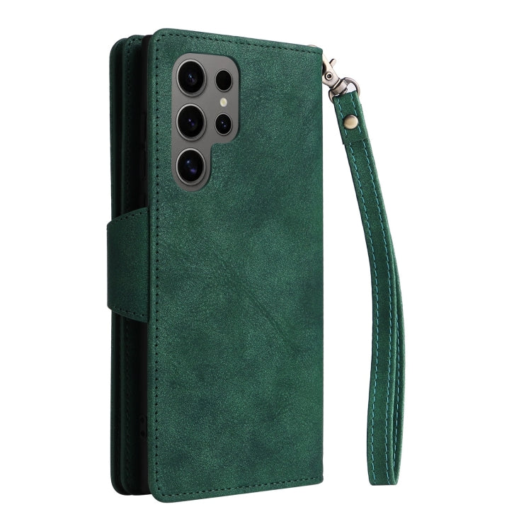 For Samsung Galaxy S25 Ultra 5G Rivet Buckle 9 Cards Three Fold Leather Phone Case(Green) - Galaxy S25 Ultra 5G Cases by PMC Jewellery | Online Shopping South Africa | PMC Jewellery | Buy Now Pay Later Mobicred