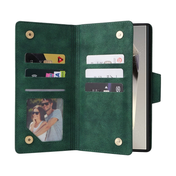 For Samsung Galaxy S25 Ultra 5G Rivet Buckle 9 Cards Three Fold Leather Phone Case(Green)