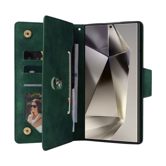 For Samsung Galaxy S25 Ultra 5G Rivet Buckle 9 Cards Three Fold Leather Phone Case(Green)