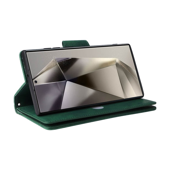 For Samsung Galaxy S25 Ultra 5G Rivet Buckle 9 Cards Three Fold Leather Phone Case(Green)