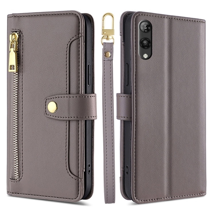 For Rakuten Hand 5G Sheep Texture Cross-body Zipper Wallet Leather Phone Case(Grey) - More Brand by PMC TechLife | Online Shopping South Africa | PMC TechLife | Buy Now Pay Later Mobicred