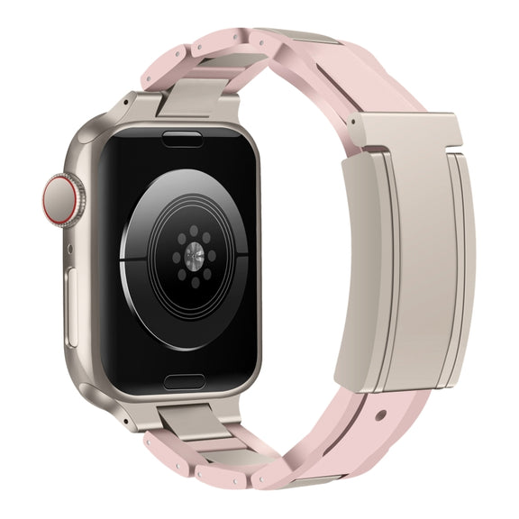 For Apple Watch 46mm / 49mm / 45mm / 44mm T-shaped Magnetic Buckle Stainless Steel Rubber Watch Band(Pink Starlight Buckle)