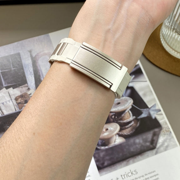 For Apple Watch 46mm / 49mm / 45mm / 44mm T-shaped Magnetic Buckle Stainless Steel Rubber Watch Band(Beige Starlight Buckle)
