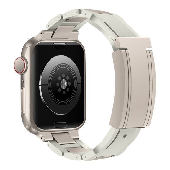For Apple Watch 46mm / 49mm / 45mm / 44mm T-shaped Magnetic Buckle Stainless Steel Rubber Watch Band(Beige Starlight Buckle)