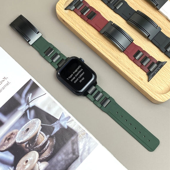 For Apple Watch 46mm / 49mm / 45mm / 44mm T-shaped Magnetic Buckle Stainless Steel Rubber Watch Band(Pine Green Black Buckle)