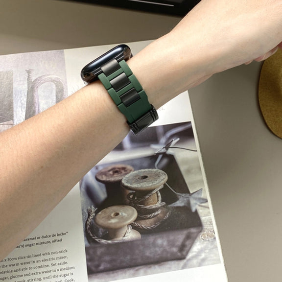 For Apple Watch 46mm / 49mm / 45mm / 44mm T-shaped Magnetic Buckle Stainless Steel Rubber Watch Band(Pine Green Black Buckle)