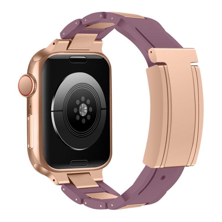 For Apple Watch 46mm / 49mm / 45mm / 44mm T-shaped Magnetic Buckle Stainless Steel Rubber Watch Band(Smoky Purple Rose Gold Buckle) - free shipping - PMC TechLife - Order now!