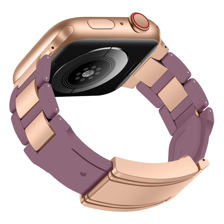 For Apple Watch 46mm / 49mm / 45mm / 44mm T-shaped Magnetic Buckle Stainless Steel Rubber Watch Band(Smoky Purple Rose Gold Buckle)