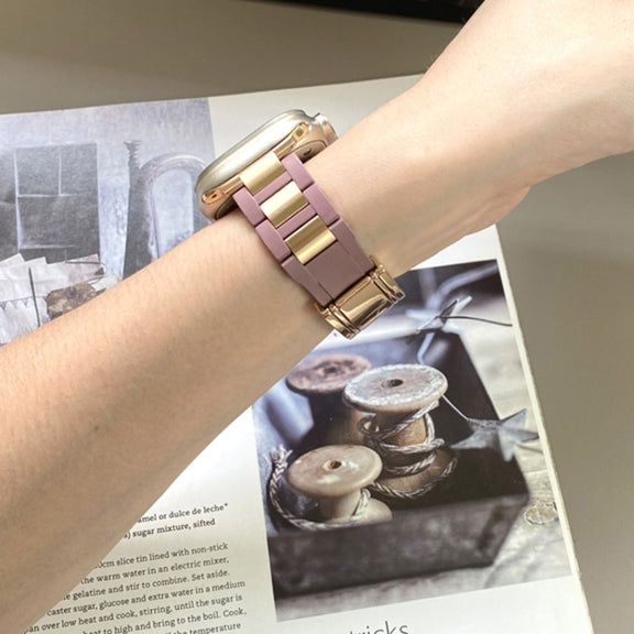 For Apple Watch 46mm / 49mm / 45mm / 44mm T-shaped Magnetic Buckle Stainless Steel Rubber Watch Band(Smoky Purple Rose Gold Buckle)