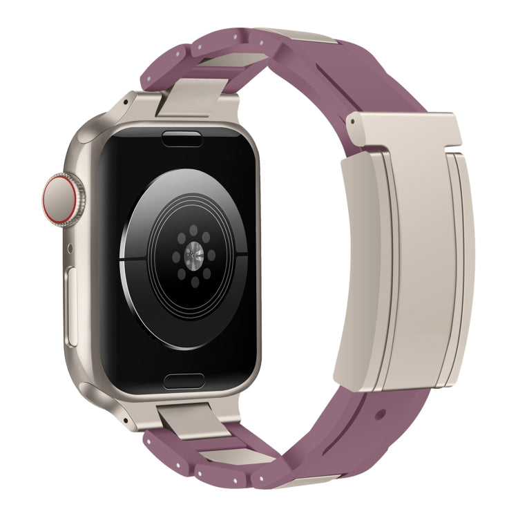 For Apple Watch 46mm / 49mm / 45mm / 44mm T-shaped Magnetic Buckle Stainless Steel Rubber Watch Band(Smoky Purple Starlight Buckle) - free shipping - PMC TechLife - Order now!