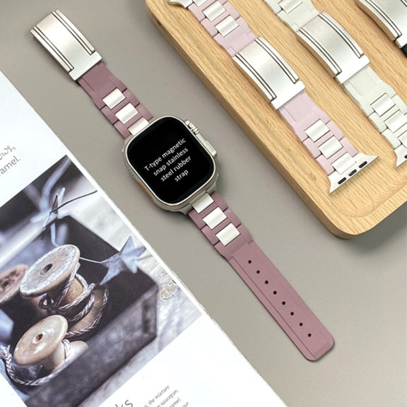 For Apple Watch 46mm / 49mm / 45mm / 44mm T-shaped Magnetic Buckle Stainless Steel Rubber Watch Band(Smoky Purple Starlight Buckle)
