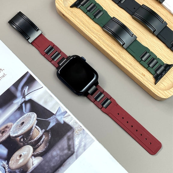 For Apple Watch 42mm / 41mm / 40mm / 38mm T-shaped Magnetic Buckle Stainless Steel Rubber Watch Band(Wine Red Black Buckle)
