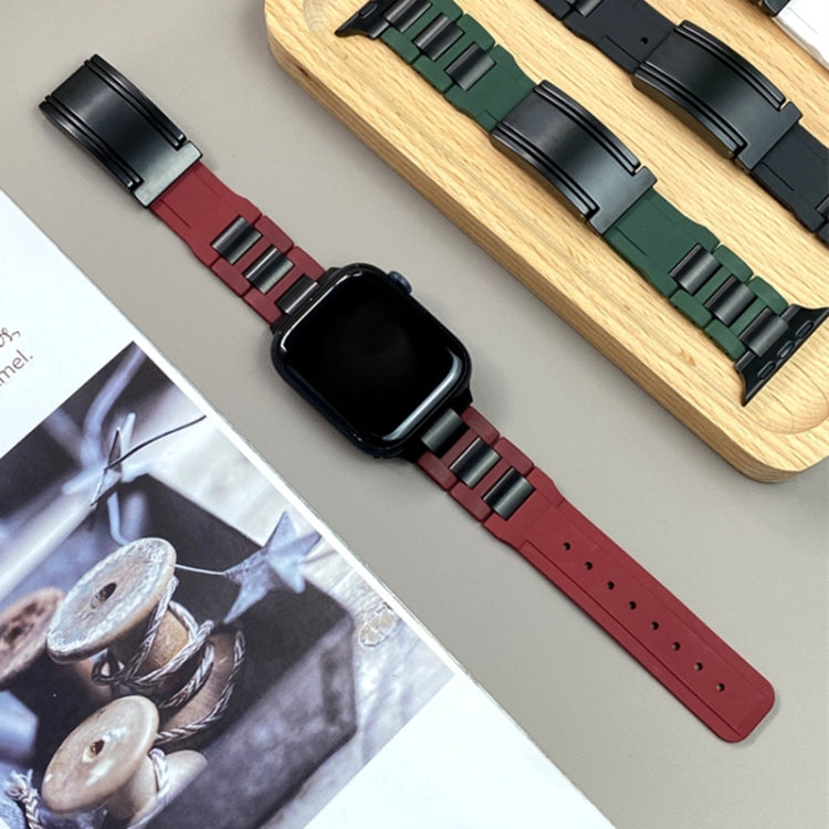 For Apple Watch 42mm / 41mm / 40mm / 38mm T-shaped Magnetic Buckle Stainless Steel Rubber Watch Band(Wine Red Black Buckle)