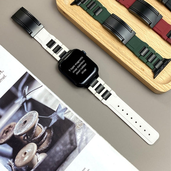 For Apple Watch 42mm / 41mm / 40mm / 38mm T-shaped Magnetic Buckle Stainless Steel Rubber Watch Band(Beige Black Buckle)