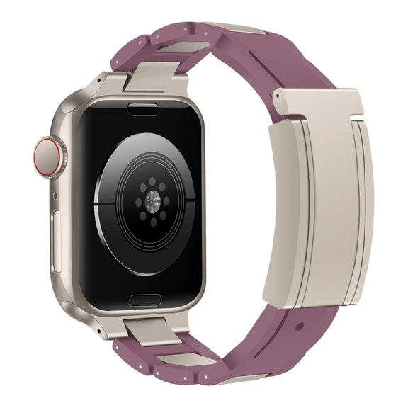 For Apple Watch 42mm / 41mm / 40mm / 38mm T-shaped Magnetic Buckle Stainless Steel Rubber Watch Band(Smoky Purple Starlight Buckle)