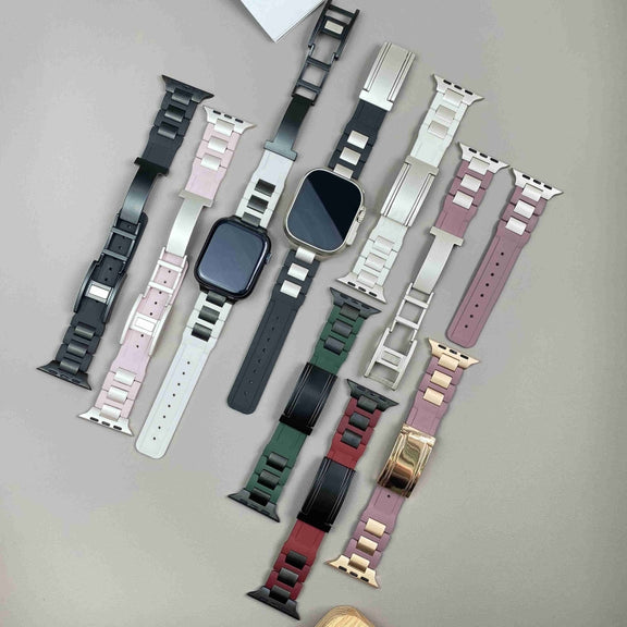 For Apple Watch 46mm / 49mm / 45mm / 44mm T-shaped Magnetic Buckle Stainless Steel Rubber Watch Band(Pine Green Black Buckle)