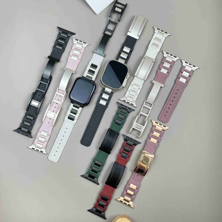 For Apple Watch 46mm / 49mm / 45mm / 44mm T-shaped Magnetic Buckle Stainless Steel Rubber Watch Band(Pink Starlight Buckle)