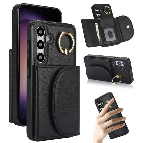 For Samsung Galaxy S25 5G Ring Holder Card Bag Skin Feel Phone Case(Black)