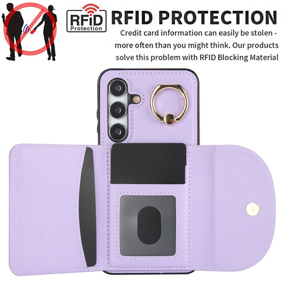 For Samsung Galaxy S25+ 5G Ring Holder Card Bag Skin Feel Phone Case(Purple)