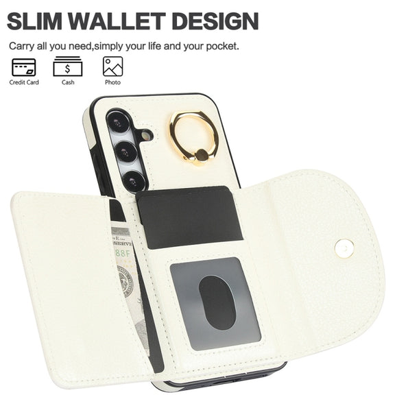 For Samsung Galaxy S25+ 5G Ring Holder Card Bag Skin Feel Phone Case(White)