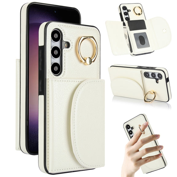 For Samsung Galaxy S25+ 5G Ring Holder Card Bag Skin Feel Phone Case(White)