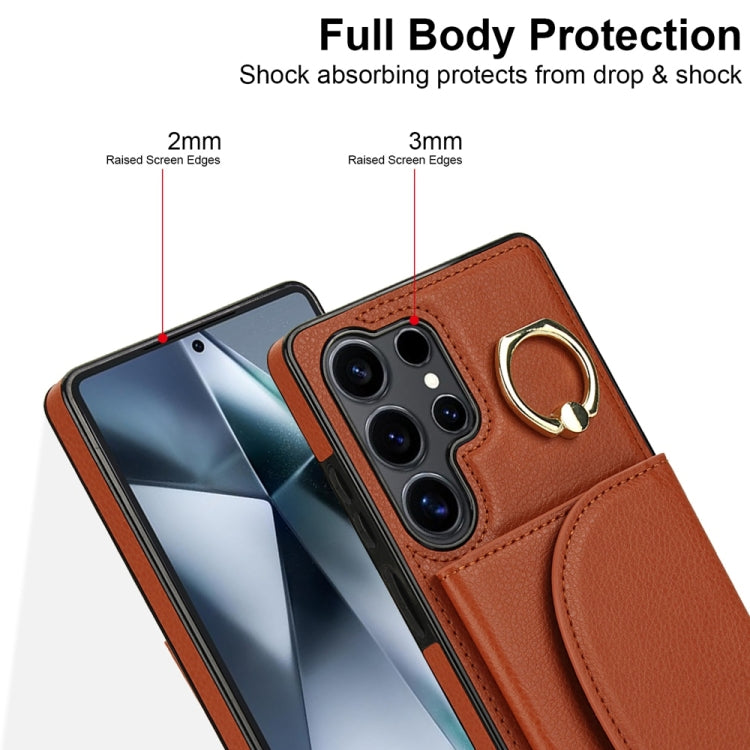 For Samsung Galaxy S25 Ultra 5G Ring Holder Card Bag Skin Feel Phone Case(Brown) - Galaxy S25 Ultra 5G Cases by PMC Jewellery | Online Shopping South Africa | PMC Jewellery | Buy Now Pay Later Mobicred