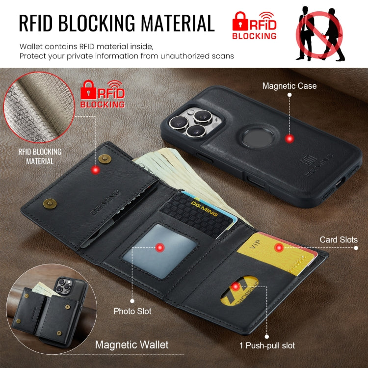 For iPhone 16 Pro DG.MING M6 Series RFID Tri-fold Card Bag Removable Leather Phone Case(Black)