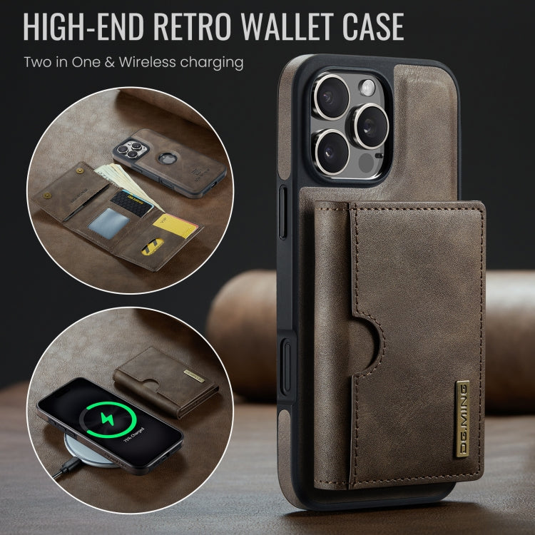 For iPhone 16 Pro DG.MING M6 Series RFID Tri-fold Card Bag Removable Leather Phone Case(Coffee)