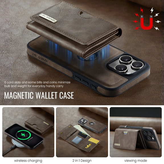 For iPhone 16 Pro DG.MING M6 Series RFID Tri-fold Card Bag Removable Leather Phone Case(Coffee)