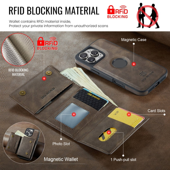 For iPhone 16 Pro DG.MING M6 Series RFID Tri-fold Card Bag Removable Leather Phone Case(Coffee)