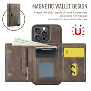 For iPhone 16 Pro DG.MING M6 Series RFID Tri-fold Card Bag Removable Leather Phone Case(Coffee)