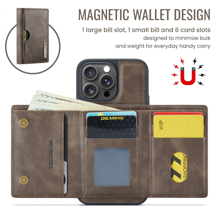 For iPhone 16 Pro DG.MING M6 Series RFID Tri-fold Card Bag Removable Leather Phone Case(Coffee)