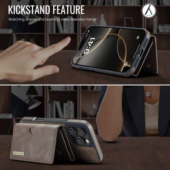 For iPhone 16 Pro DG.MING M6 Series RFID Tri-fold Card Bag Removable Leather Phone Case(Coffee)
