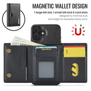 For iPhone 16 Plus DG.MING M6 Series RFID Tri-fold Card Bag Removable Leather Phone Case(Black)