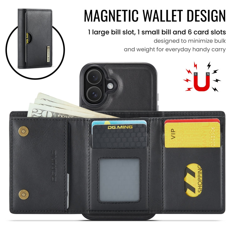 For iPhone 16 Plus DG.MING M6 Series RFID Tri-fold Card Bag Removable Leather Phone Case(Black)