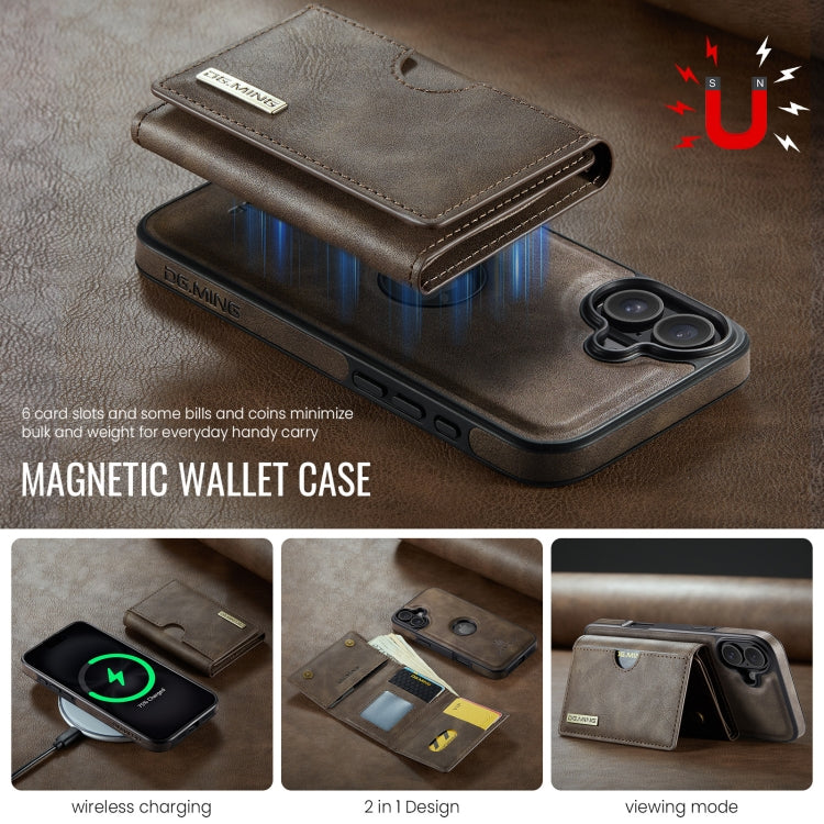 For iPhone 16 Plus DG.MING M6 Series RFID Tri-fold Card Bag Removable Leather Phone Case(Coffee)